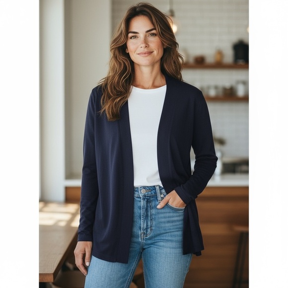 J.Crew Navy Blue Open Front Cardigan Lightweight Cotton Modal Knit Office Medium - Picture 2 of 6